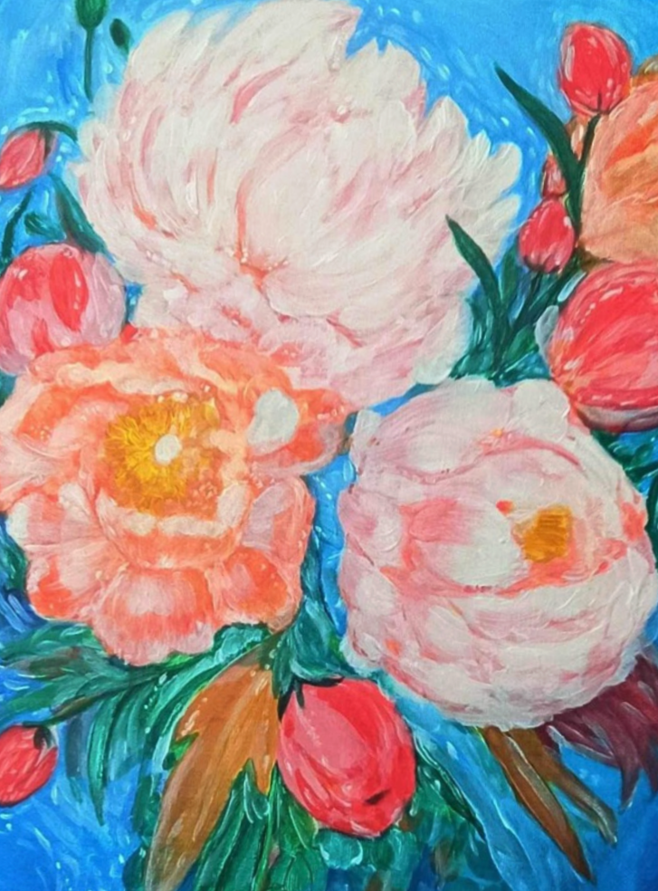 A vibrant floral painting featuring large pink and white peonies, smaller pink buds, green leaves, and a bright blue background.