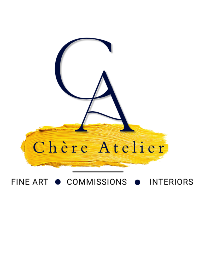 Logo for Chère Atelier featuring a large navy blue 'CA' and the words 'Chère Atelier' on a gold textured background, with red and black text beneath.