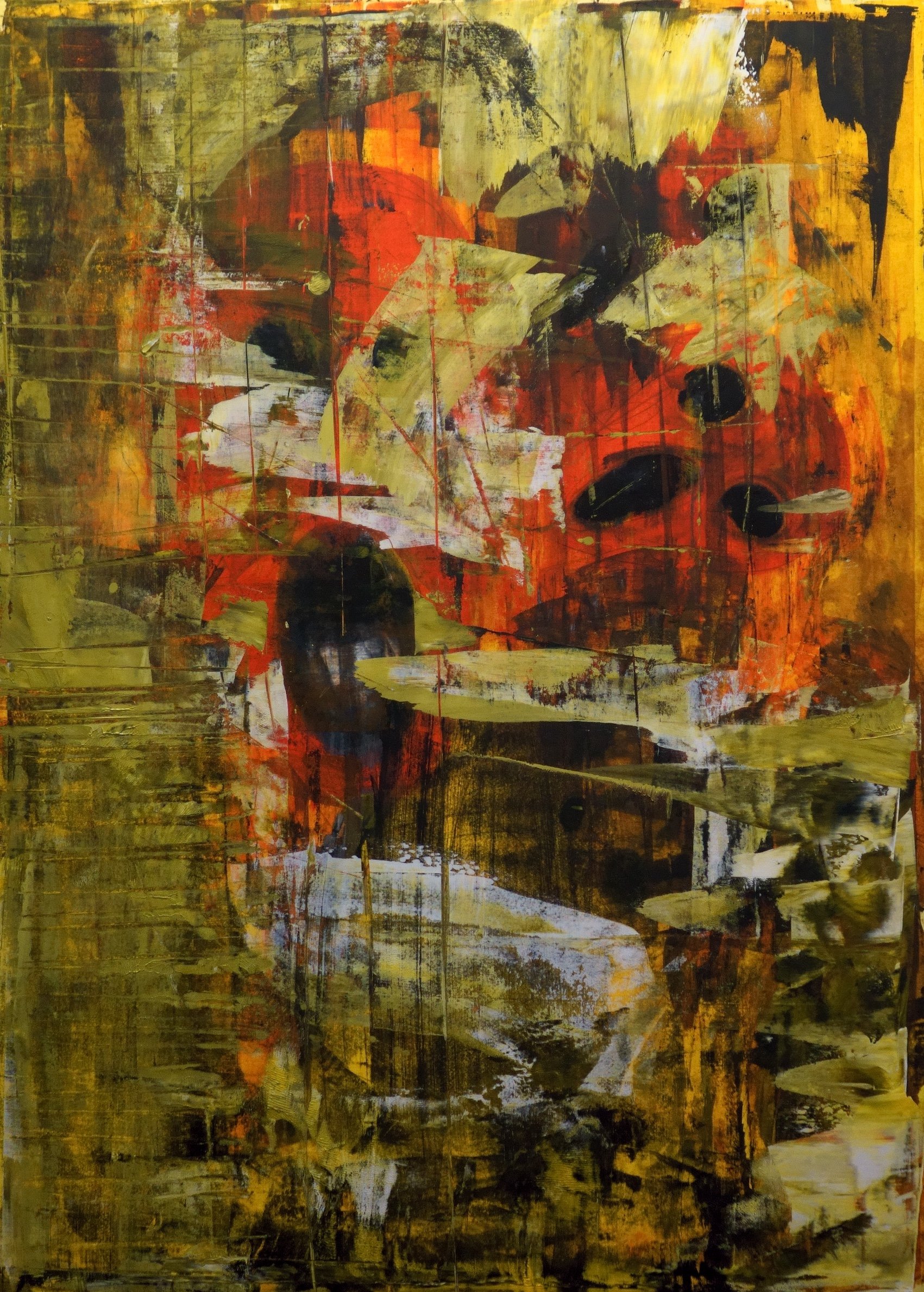 Abstract painting with dominant colors of yellow, orange, black, and white, featuring textured brushstrokes and layered paint.