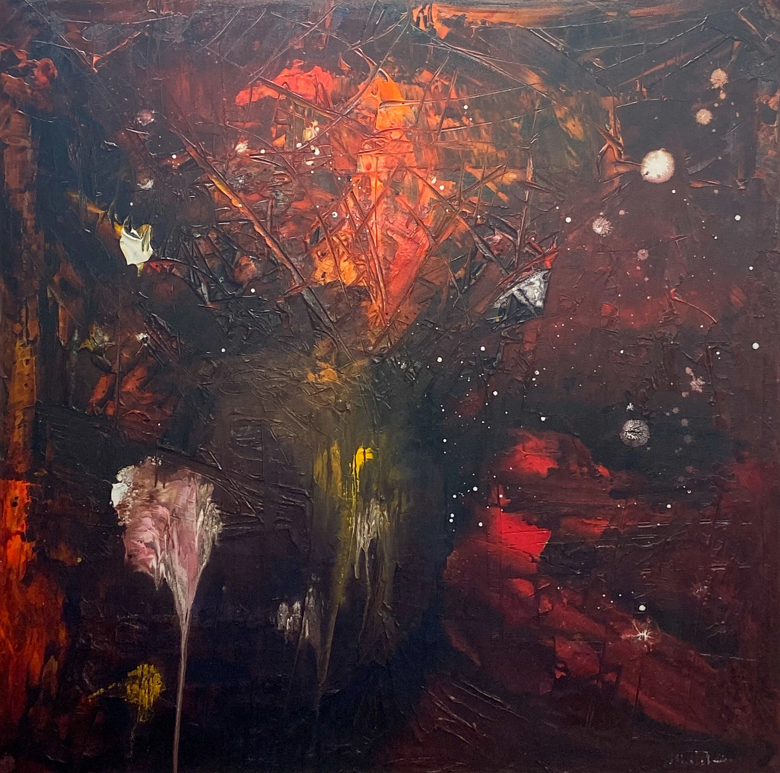 Abstract painting with fiery reds, oranges, and dark tones; brushstrokes create a textured scene resembling a forest at dusk.