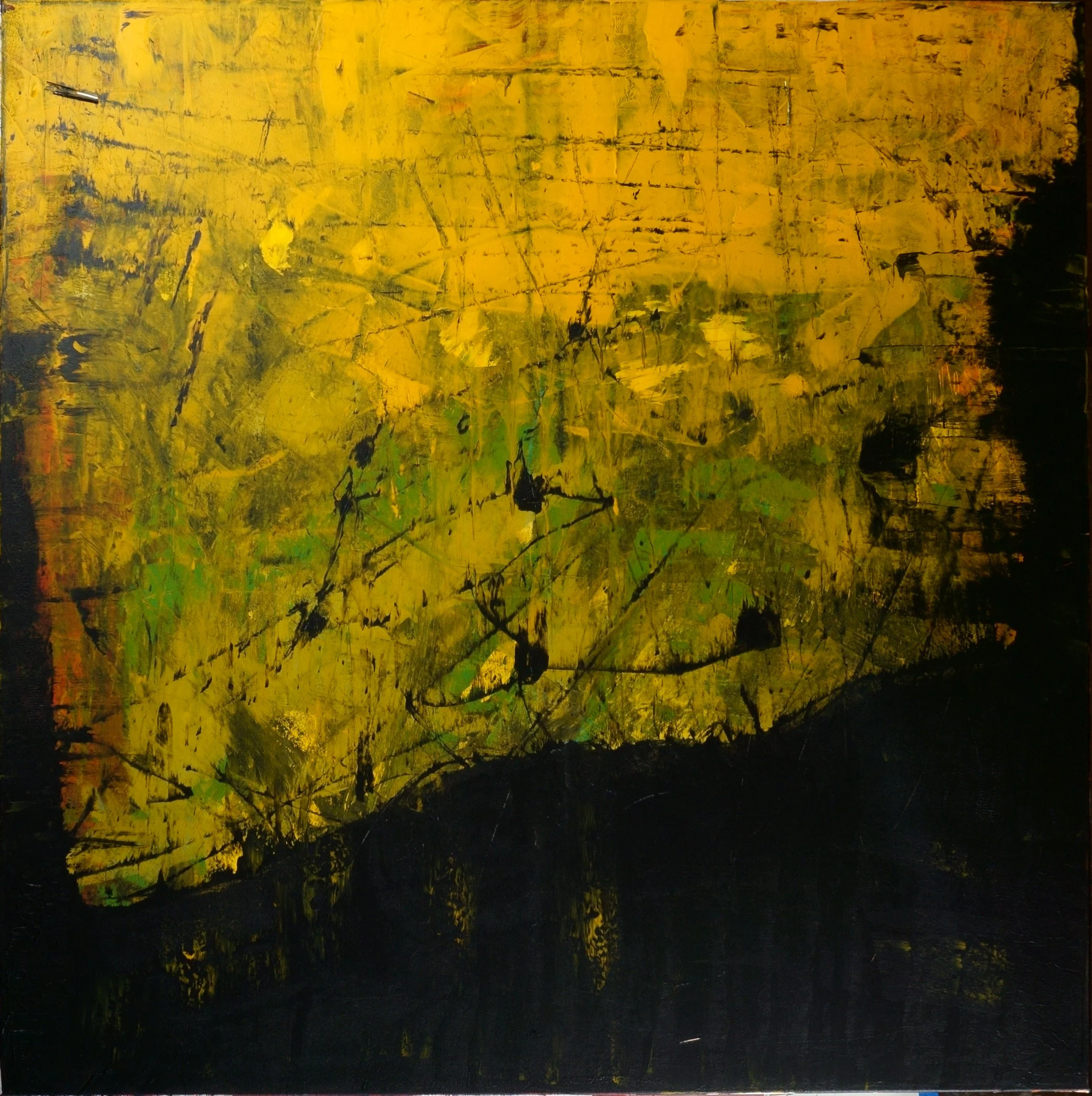 An abstract painting with yellow, green, black, and orange colors, featuring textured brush strokes and dark lines.