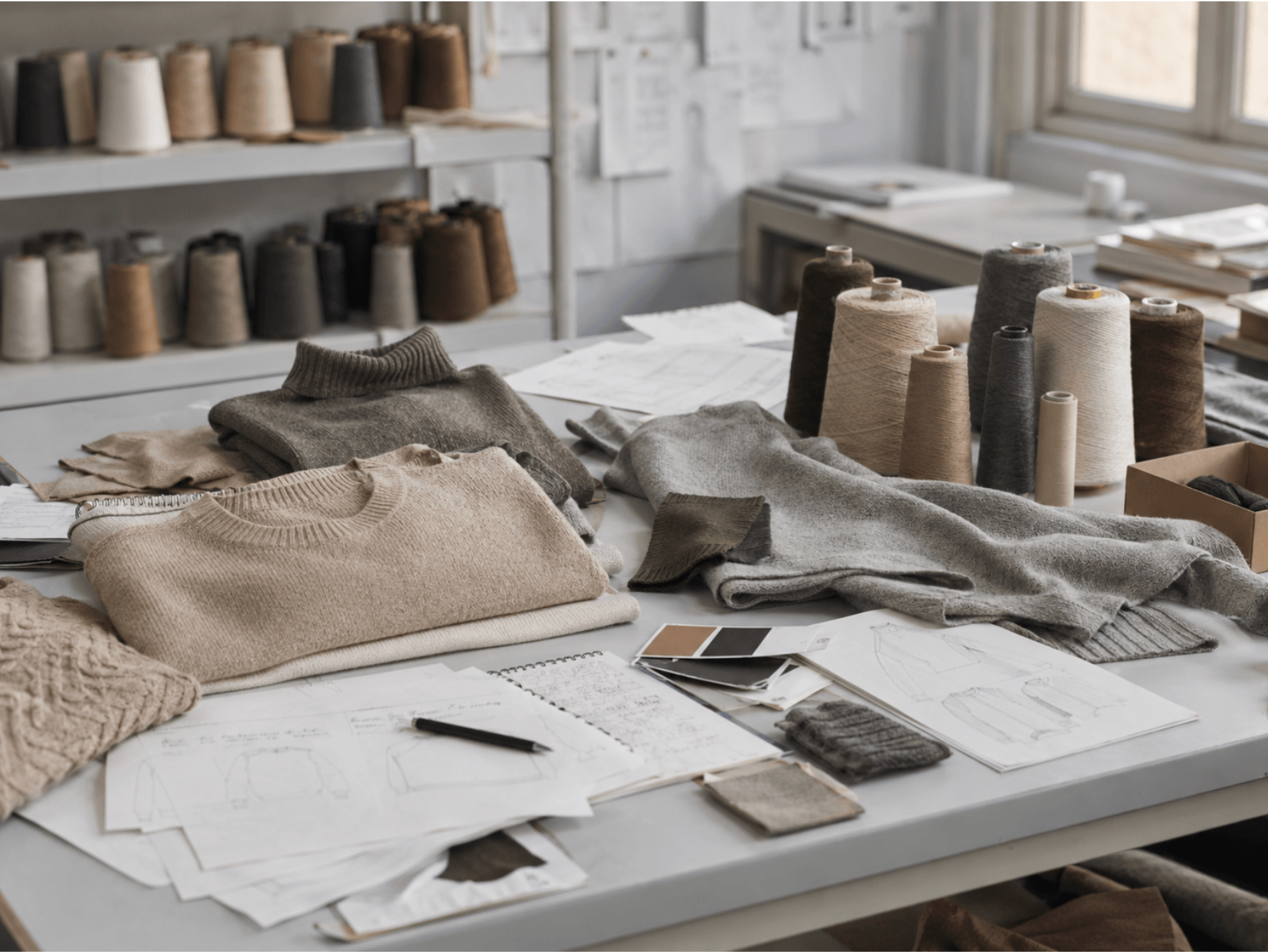 Knitwear development table with sweater samples, yarn cones, swatches, and sketches, showing the early product planning and sourcing direction stage.
