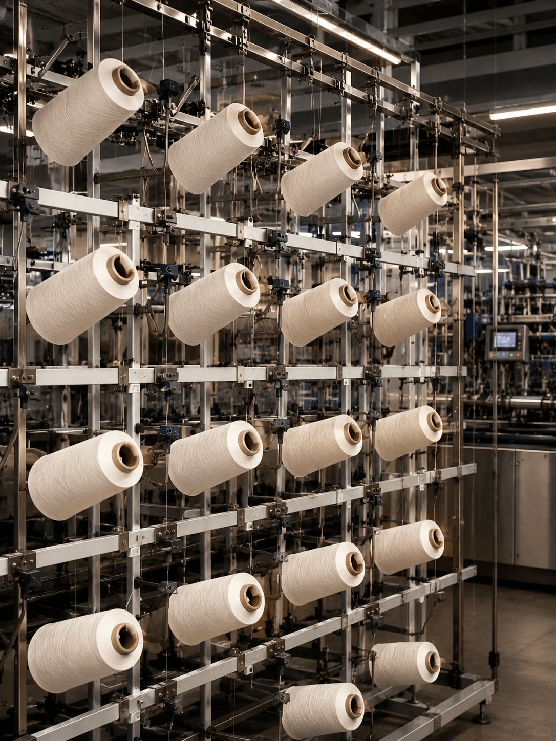 White yarn cones set on a metal creel system in a knitwear factory, showing the yarn preparation stage before sweater production.