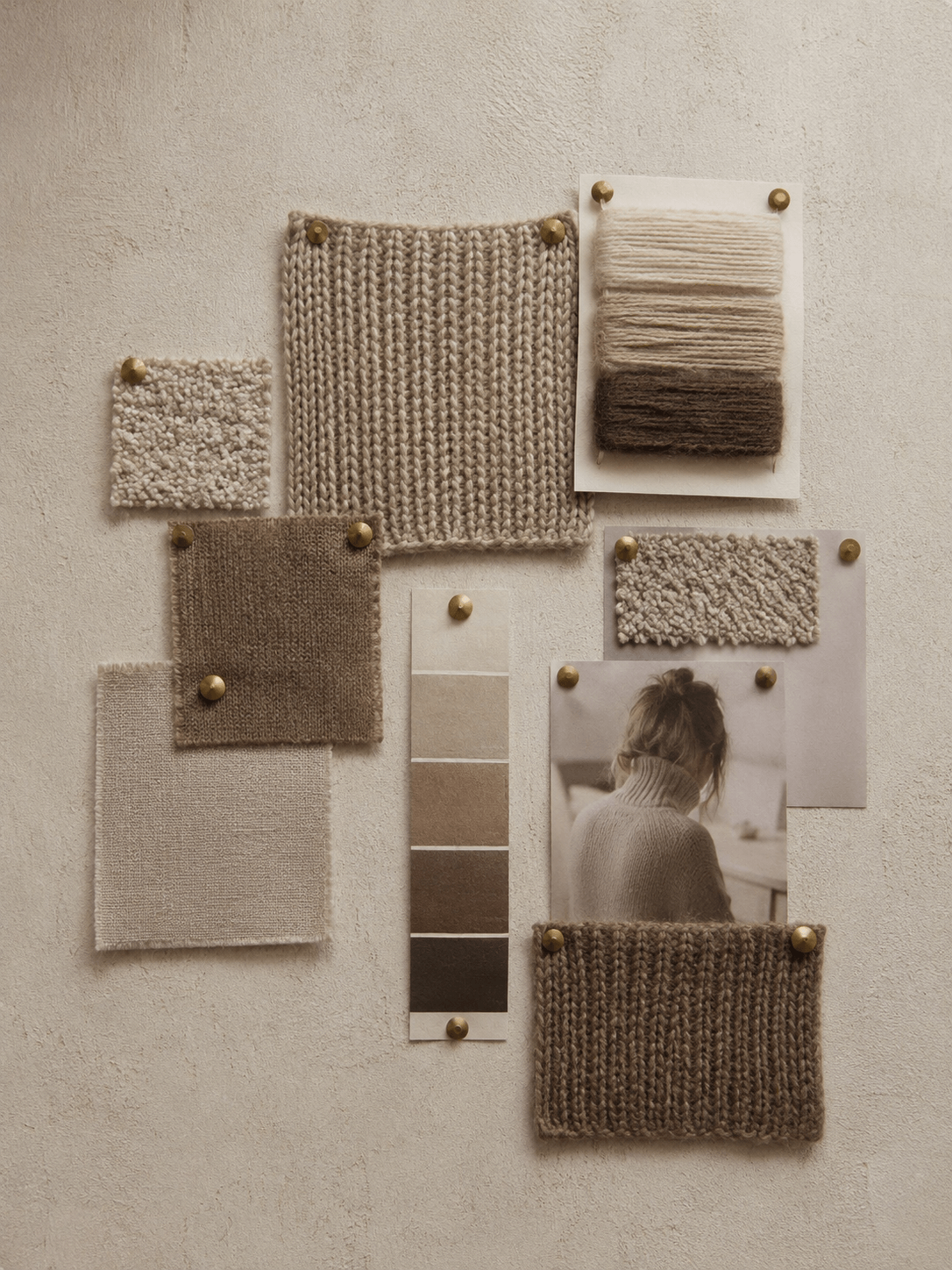 Neutral yarn and color references for wool-blend knitwear development.