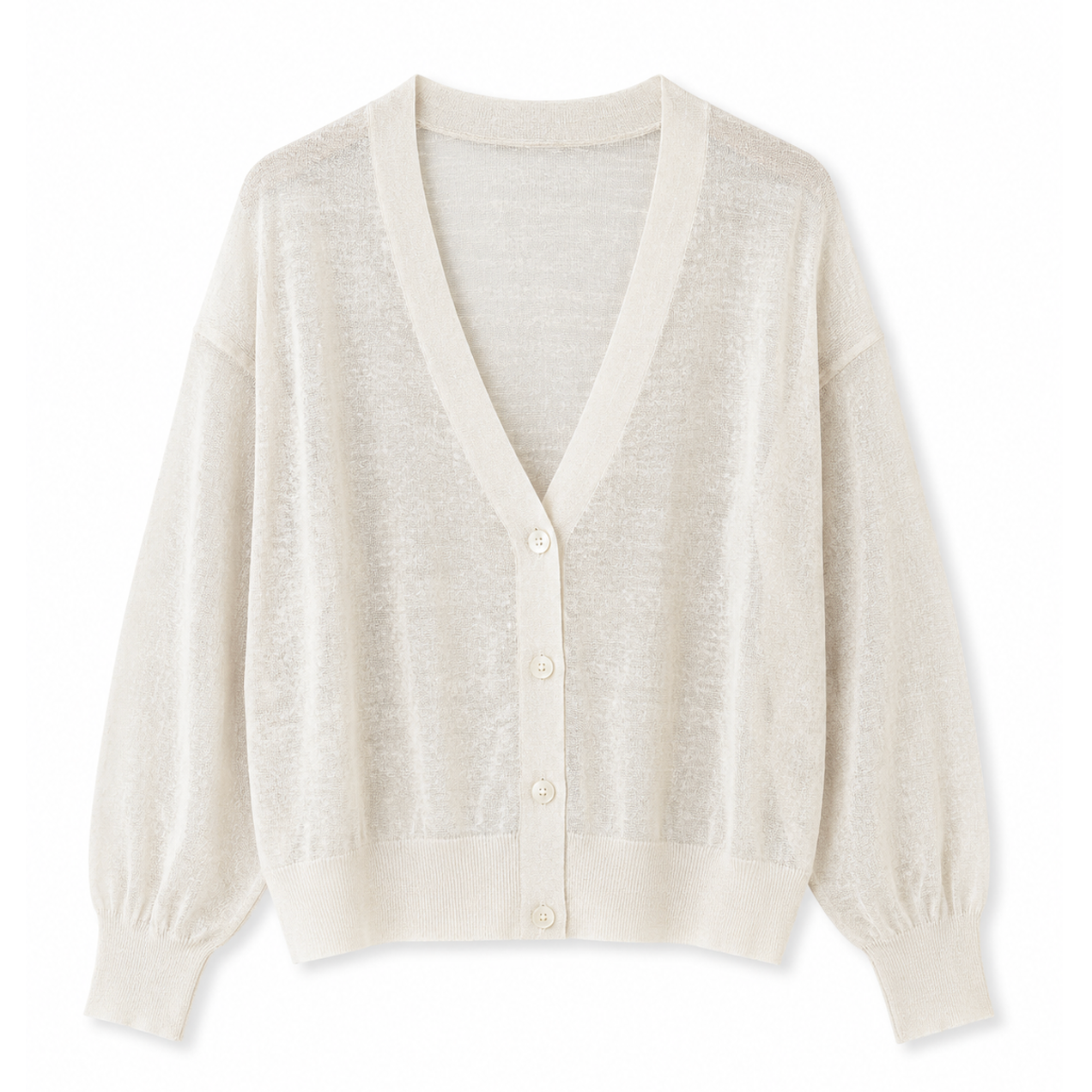 A relaxed silhouette with a V-neck, button front, and ribbed trims.