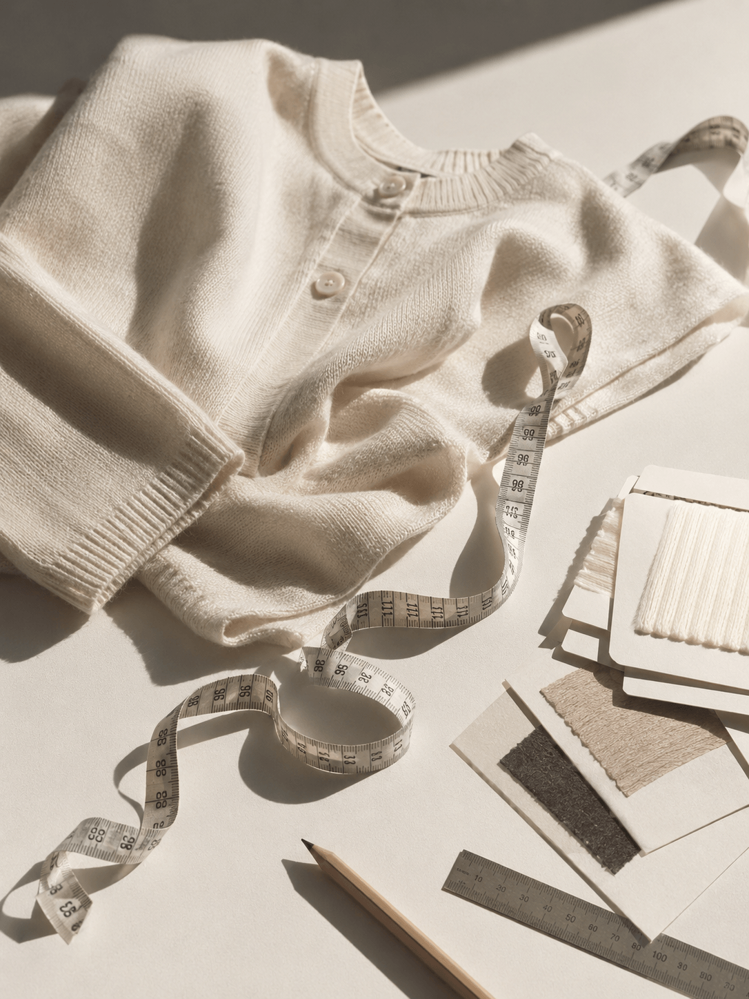 Workspace with knitwear samples, notes, and material references.