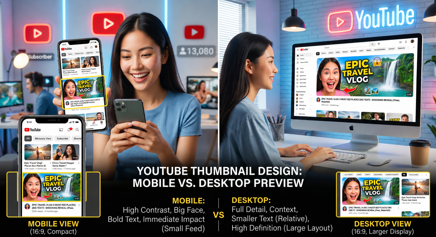 Confronto tra thumbnail YouTube visualizzata su desktop e su mobile, con evidenza dell'importanza del contrasto e della leggibilità su schermi piccoli
