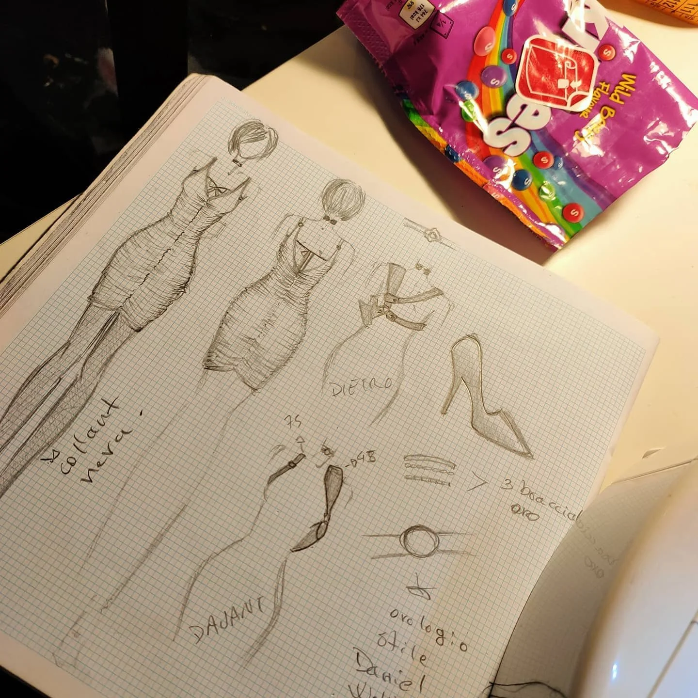 Usagi disegno preparatorio cosplay su carta a quadretti con note su materiali e accessori