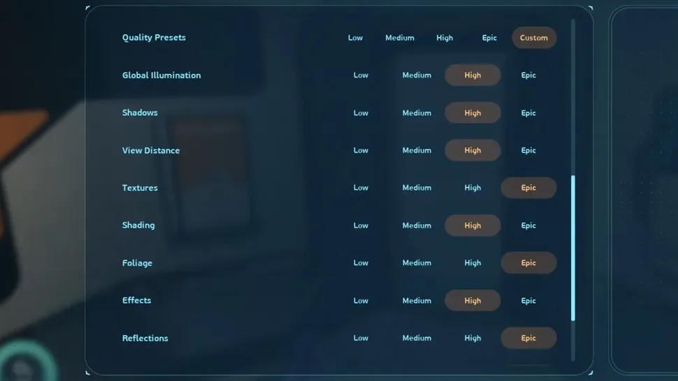 Menu delle impostazioni grafiche di Subnautica 2 su PC con le opzioni Global Illumination, Shadows e View Distance visibili