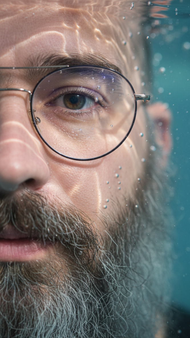 Ritratto di un uomo con barba, occhiali, visto da vicino sott'acqua.