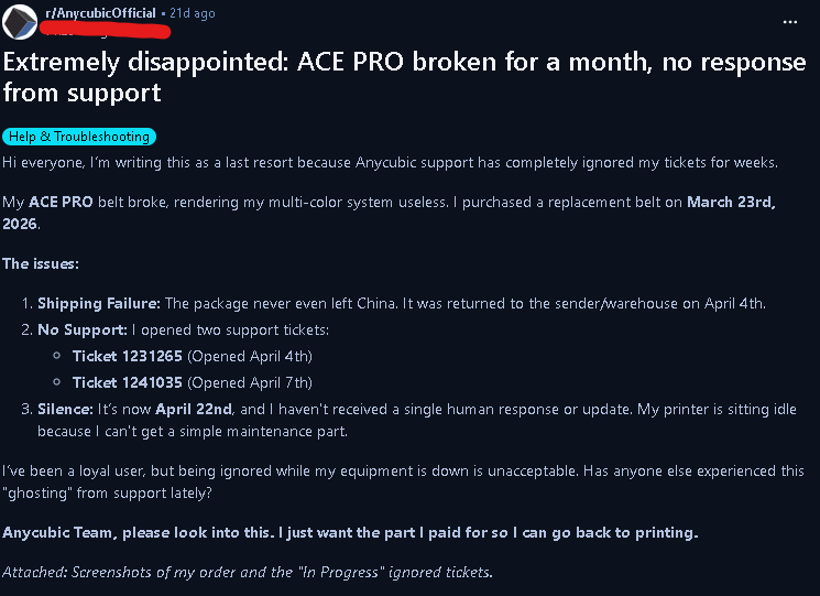 Screenshot: lamentela supporto Anycubic per stampante rotta