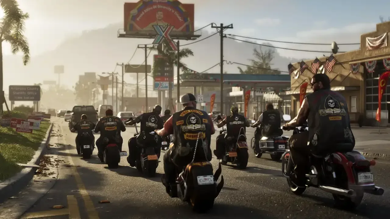 Group of bikers in black vests ride motorcycles down a street with signs and flags. The mood is gritty with a hazy urban backdrop.