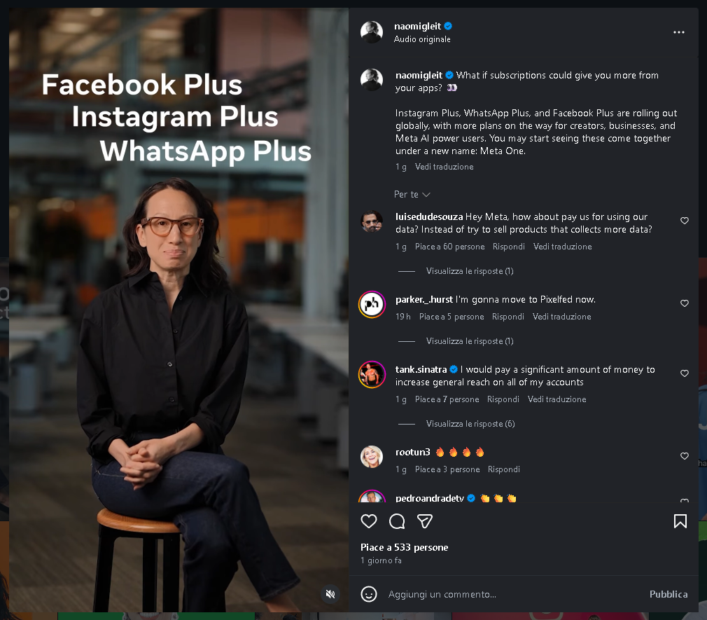 Screenshot del video di Naomi Gleit, Head of Product di Meta, che annuncia il lancio globale di Instagram Plus, Facebook Plus e WhatsApp Plus