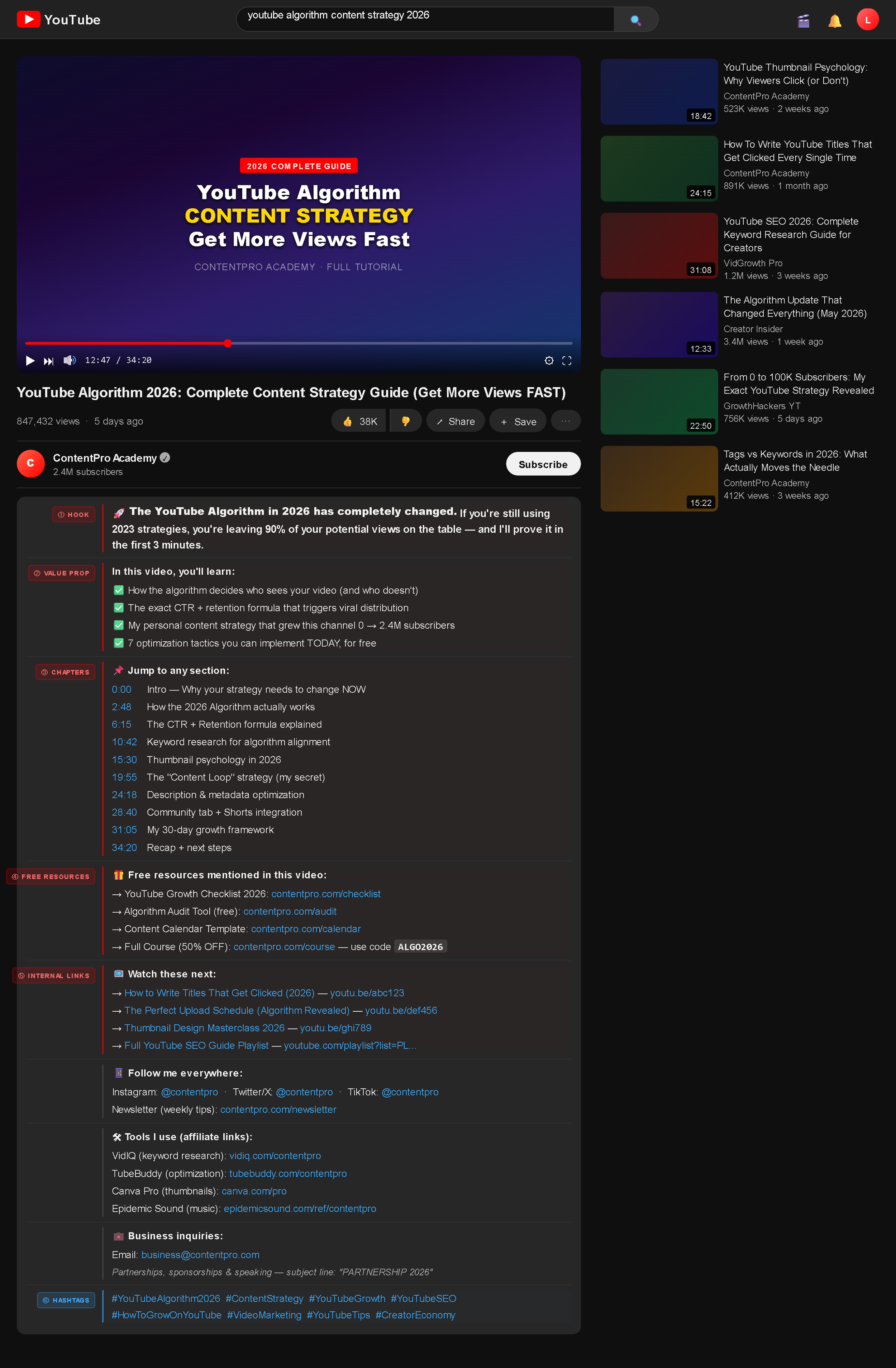Esempio di descrizione YouTube ottimizzata con oltre 200 parole, capitoli e link, visibile nel pannello di gestione video di YouTube Studio