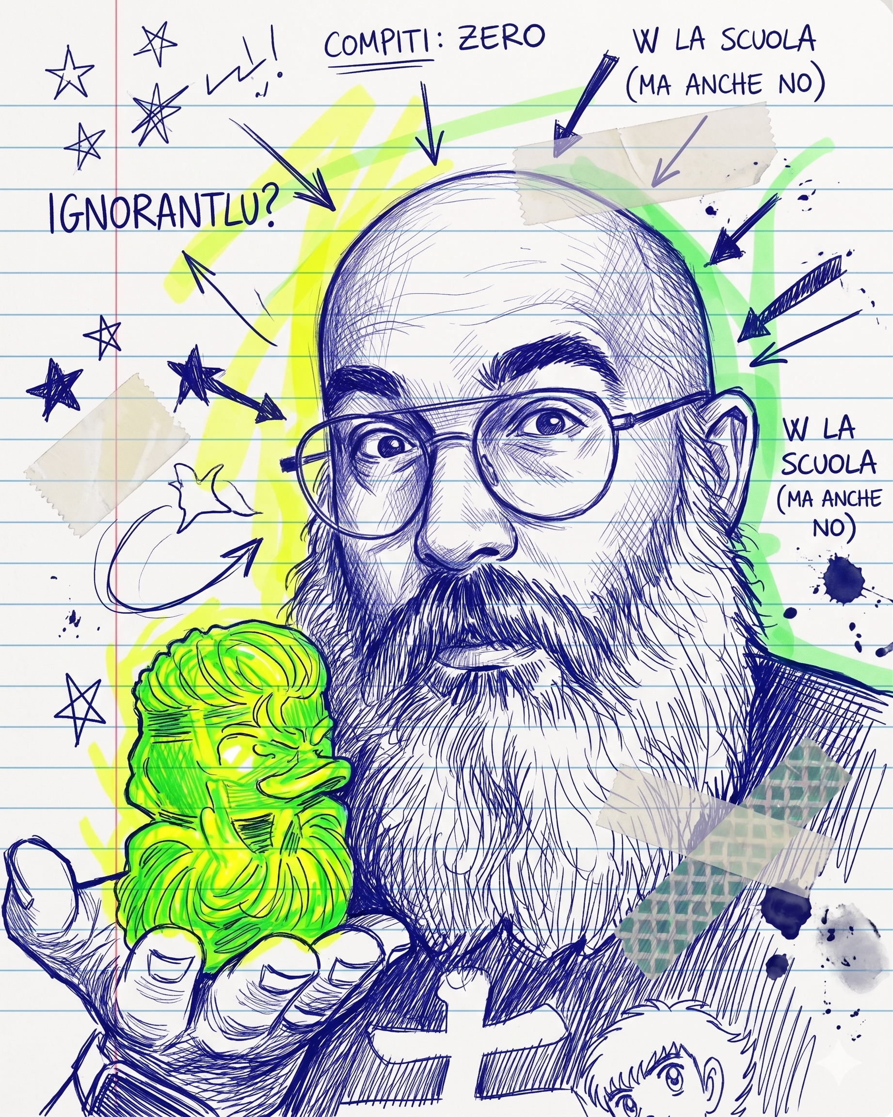 Disegno di un uomo con barba e occhiali, che tiene in mano una papera verde, circondato da scritte e simboli colorati come stelle e simboli di attenzione, con note adesive e segni di evidenziazione sul foglio di carta con righe.