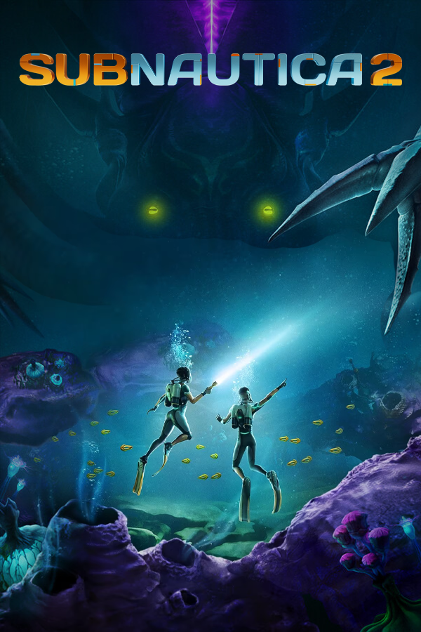 Cover art ufficiale di Subnautica 2 con logo del gioco su sfondo di oceano alieno profondo e bioluminescente