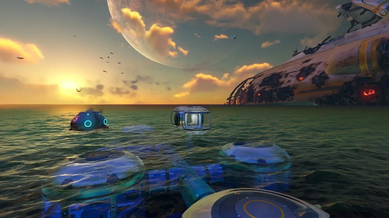 La Lifepod di Subnautica 2 vista dall'esterno nell'oceano alieno del pianeta 4546B al tramonto
