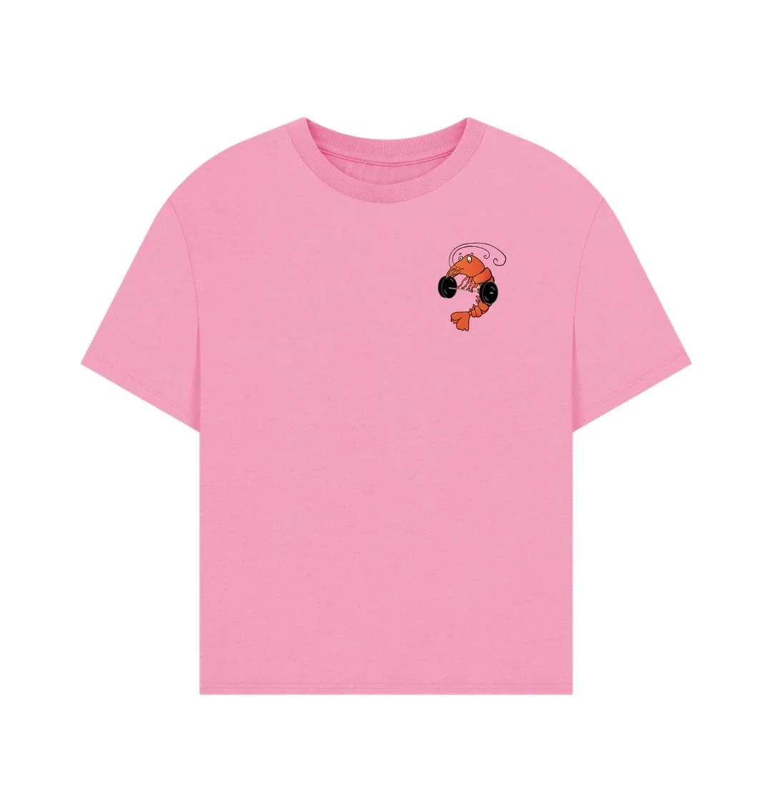 Teambadass mascot Mr Prawn on an oversized women's t-shirt in pink.