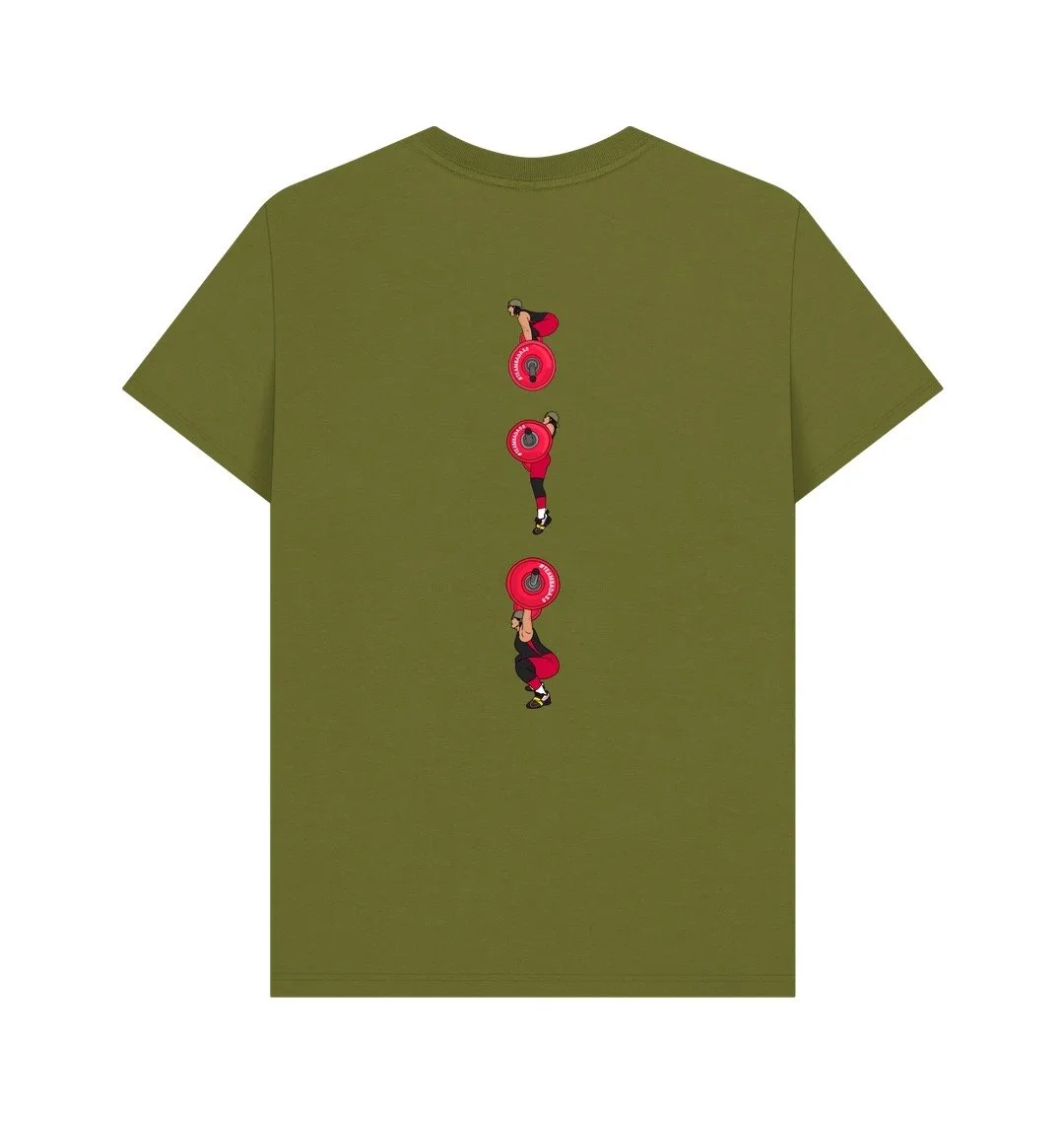 Teambadass snatch sequence with red plates on an army green t-shirt.