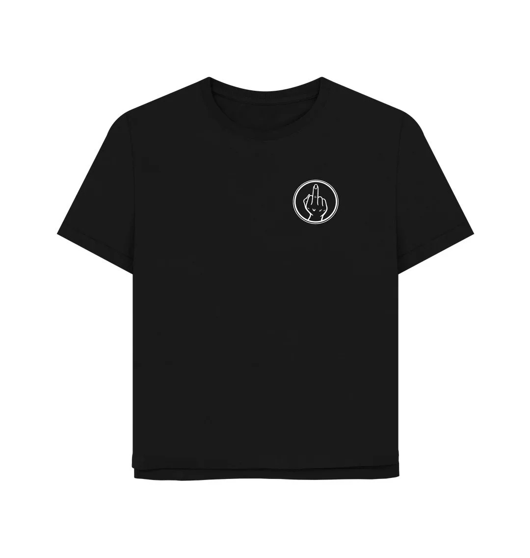 Black T-shirt with a raised middle finger logo to represent Teambadass.