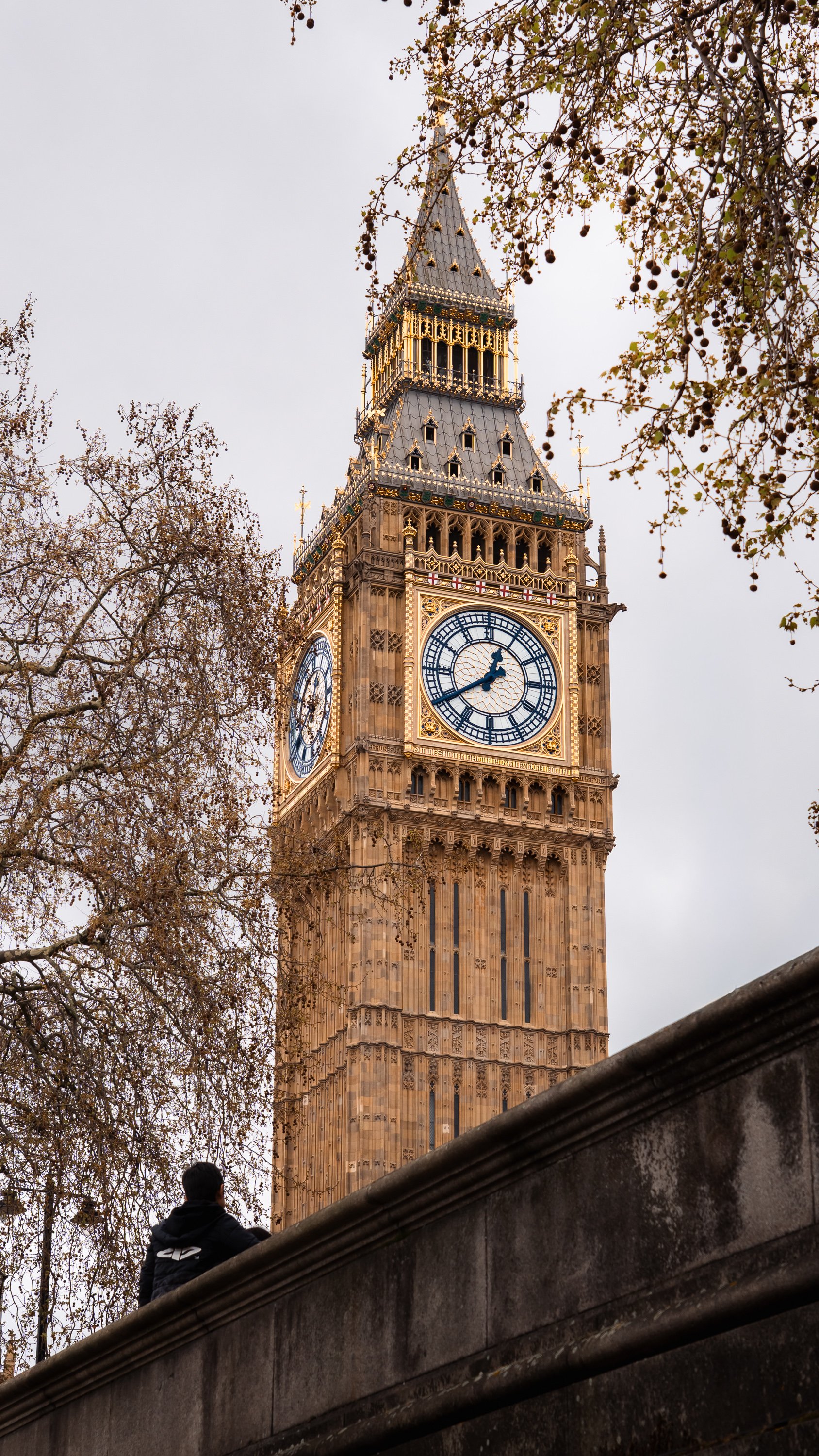 Big Ben clock tower in London, partially obscured by tree branches and a person standing nearby, with a cloudy sky in the background.