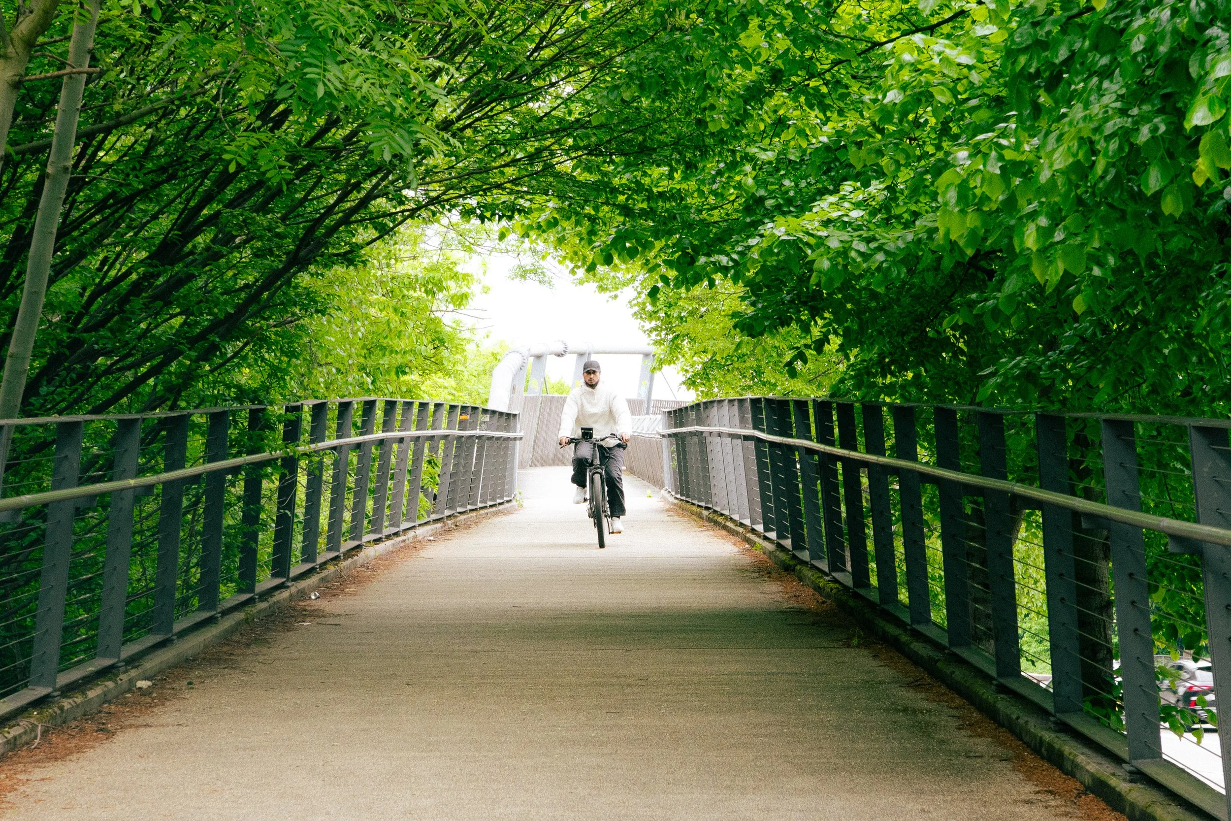 A man riding a bicycle on a bridge surrounded by lush green trees.