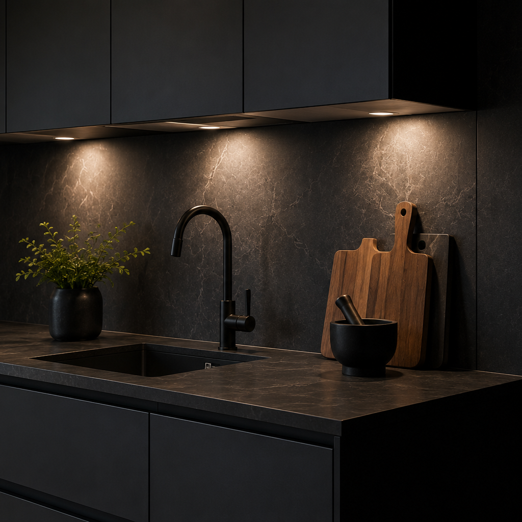 A modern black kitchen countertop with a black sink and matte black faucet, illuminated by under-cabinet lighting. There is a black pot with green plant, two wooden cutting boards, and a black mortar and pestle on the countertop.