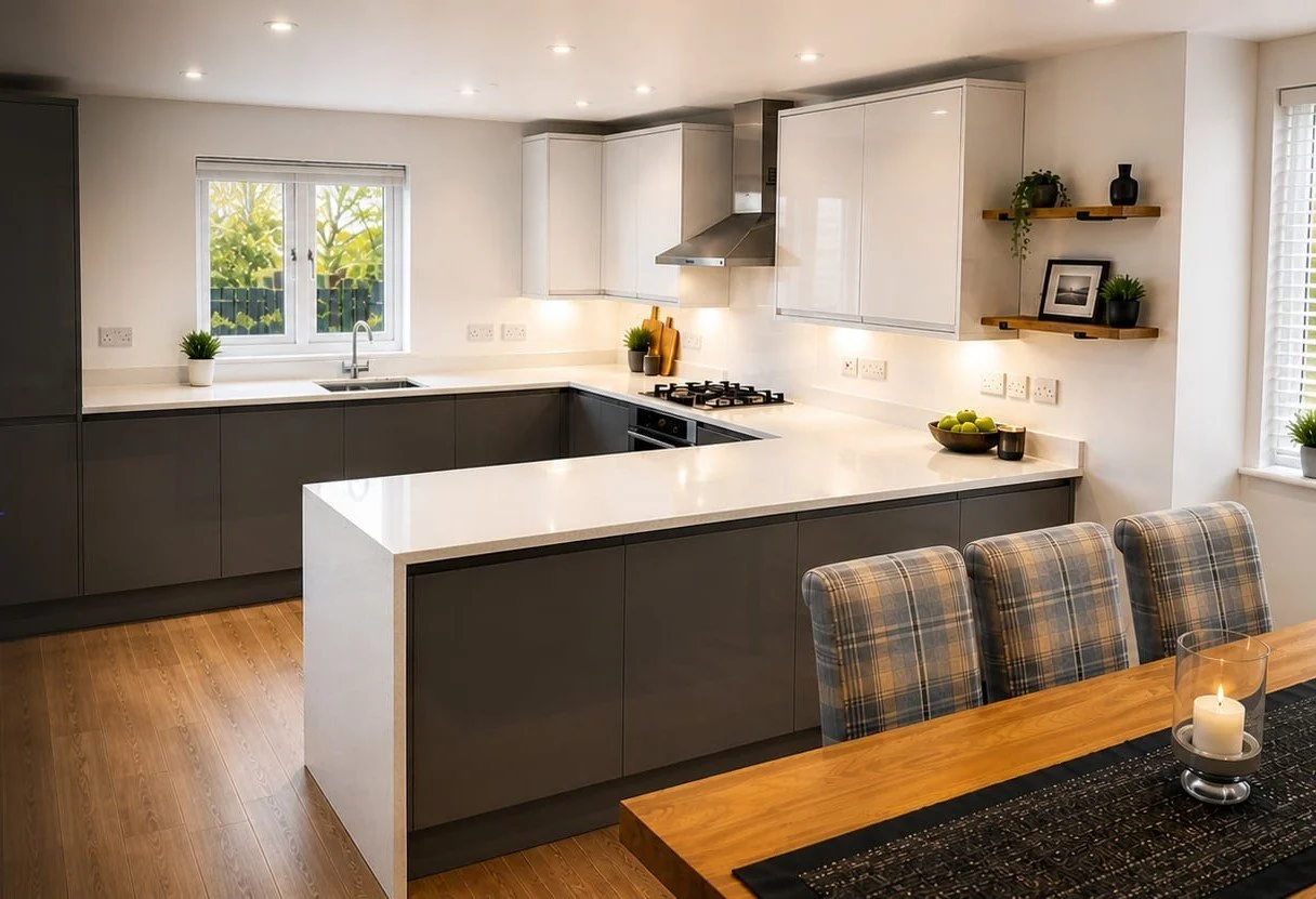 Modern kitchen with white and gray cabinets, a white countertop with a bowl of green apples, a window above the sink, wooden shelves holding plants and decor, and plaid upholstered chairs around a wooden dining table with a lit candle.