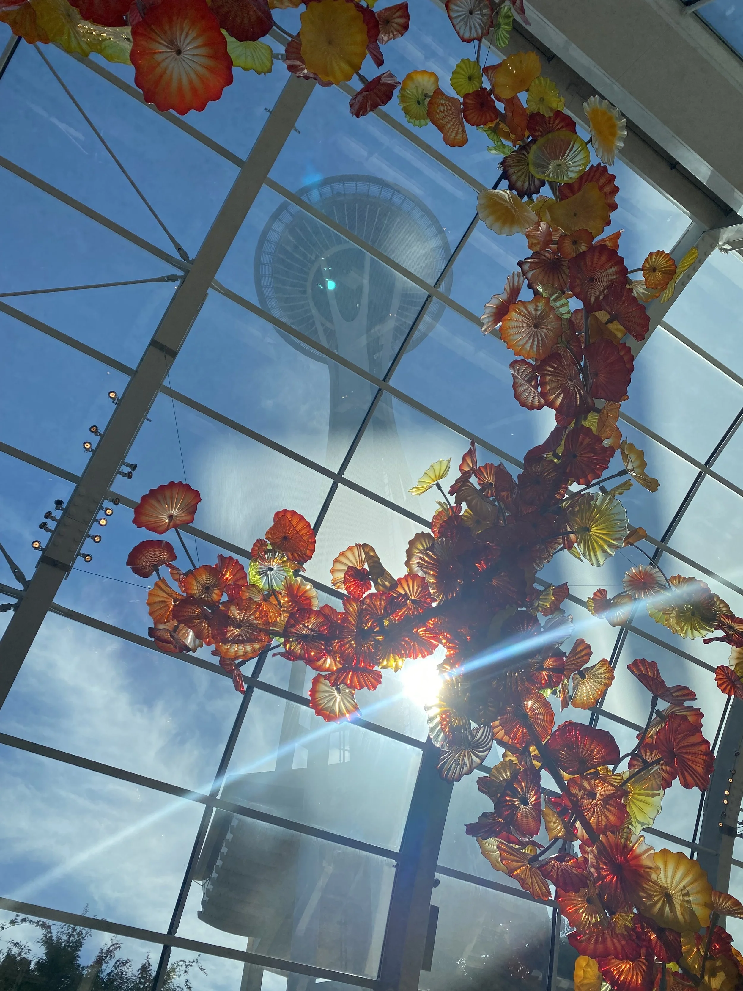 View up towards the Space Needle from the Chihuly glasshouse in Seattle