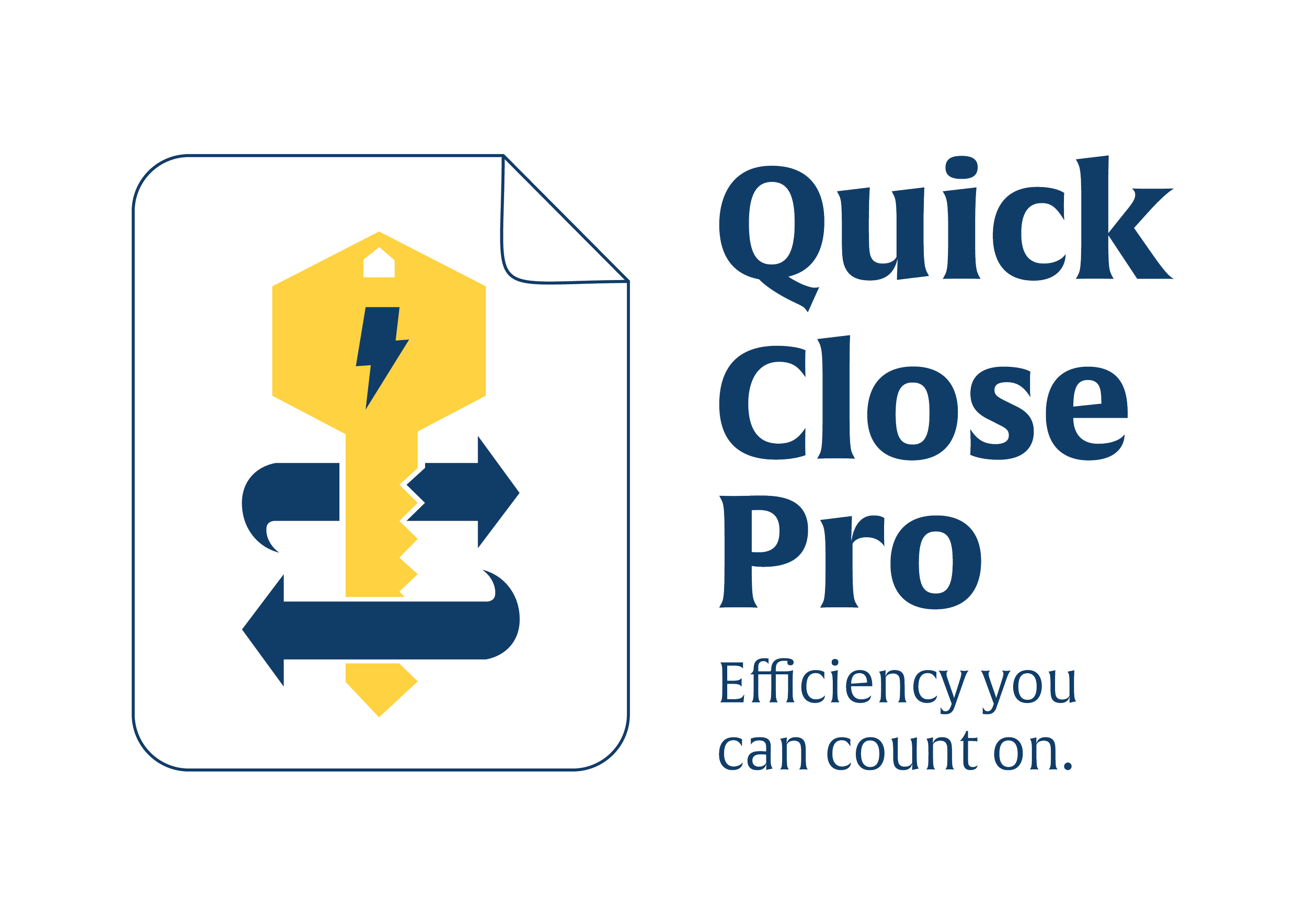 A logo featuring a yellow hammer with a lightning bolt on it, a blue arrow, and the words "Quick Close Pro" with the tagline "Efficiency you can count on."