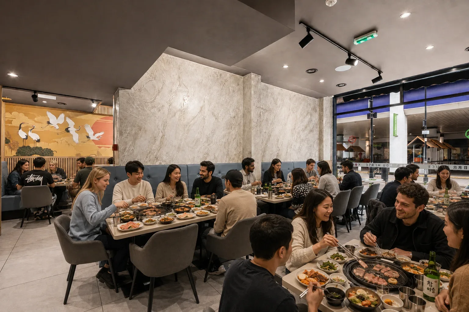 Guests enjoying tabletop Korean BBQ near Old Street