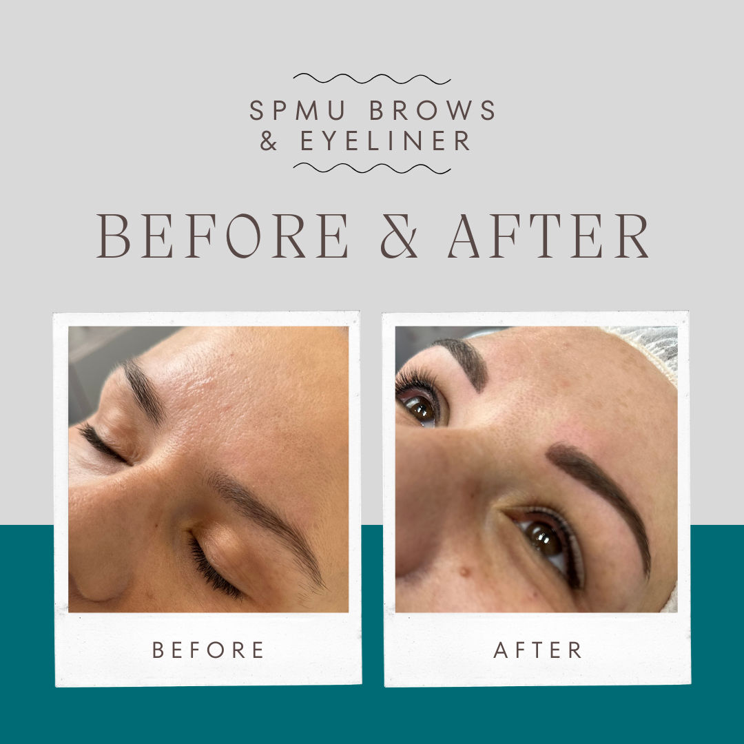 Comparison of eyebrows before and after cosmetic treatment, with a close-up of a woman's face showing improved, fuller eyebrows in the after photo.