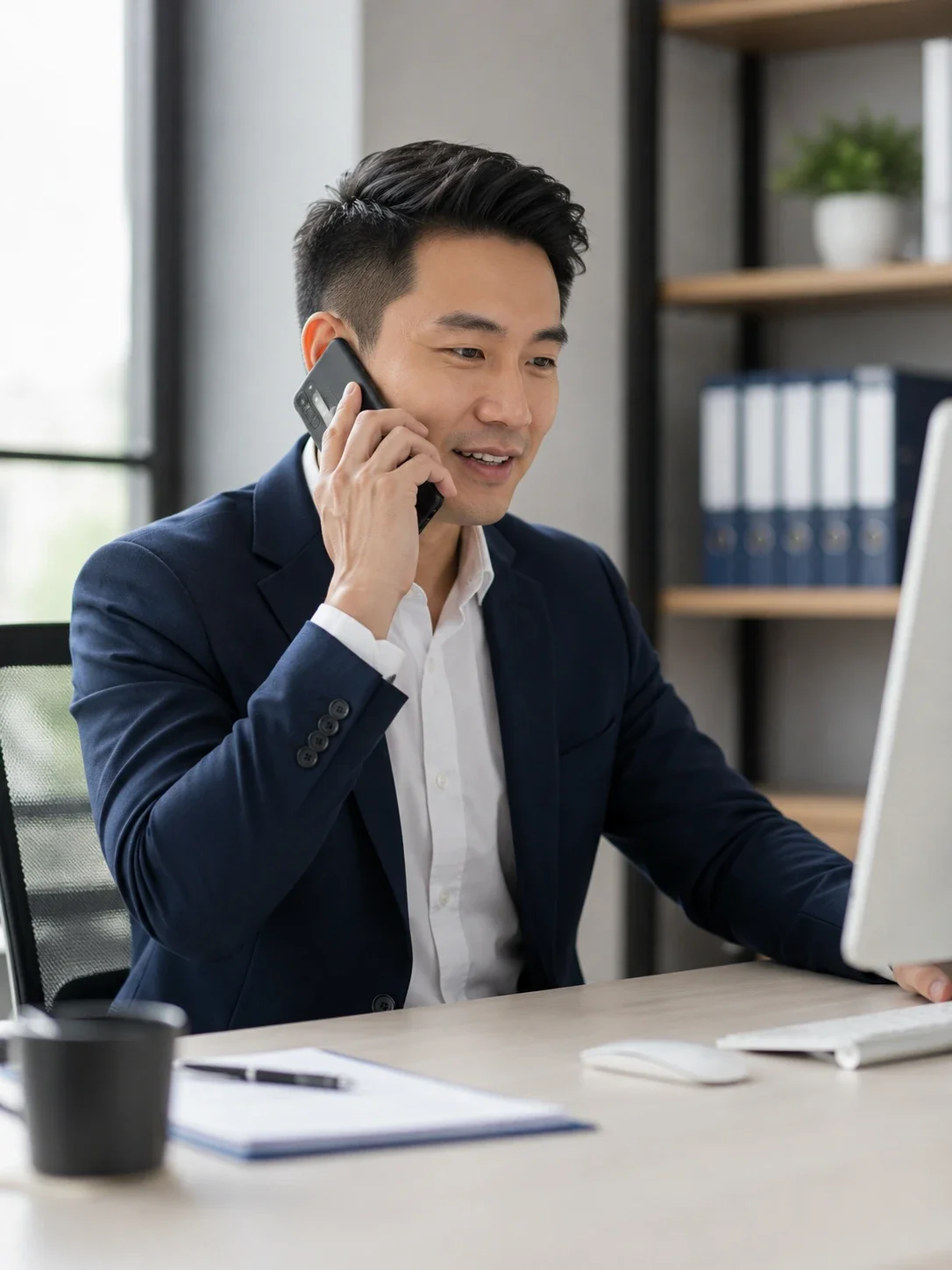 A man in a business suit talking on the phone at his desk in an office.