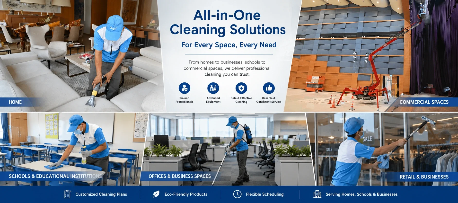 Collage of professional cleaning services for different environments including home, commercial spaces, schools & educational institutions, offices & business spaces, and retail & businesses, with a central banner highlighting all-in-one cleaning solutions.