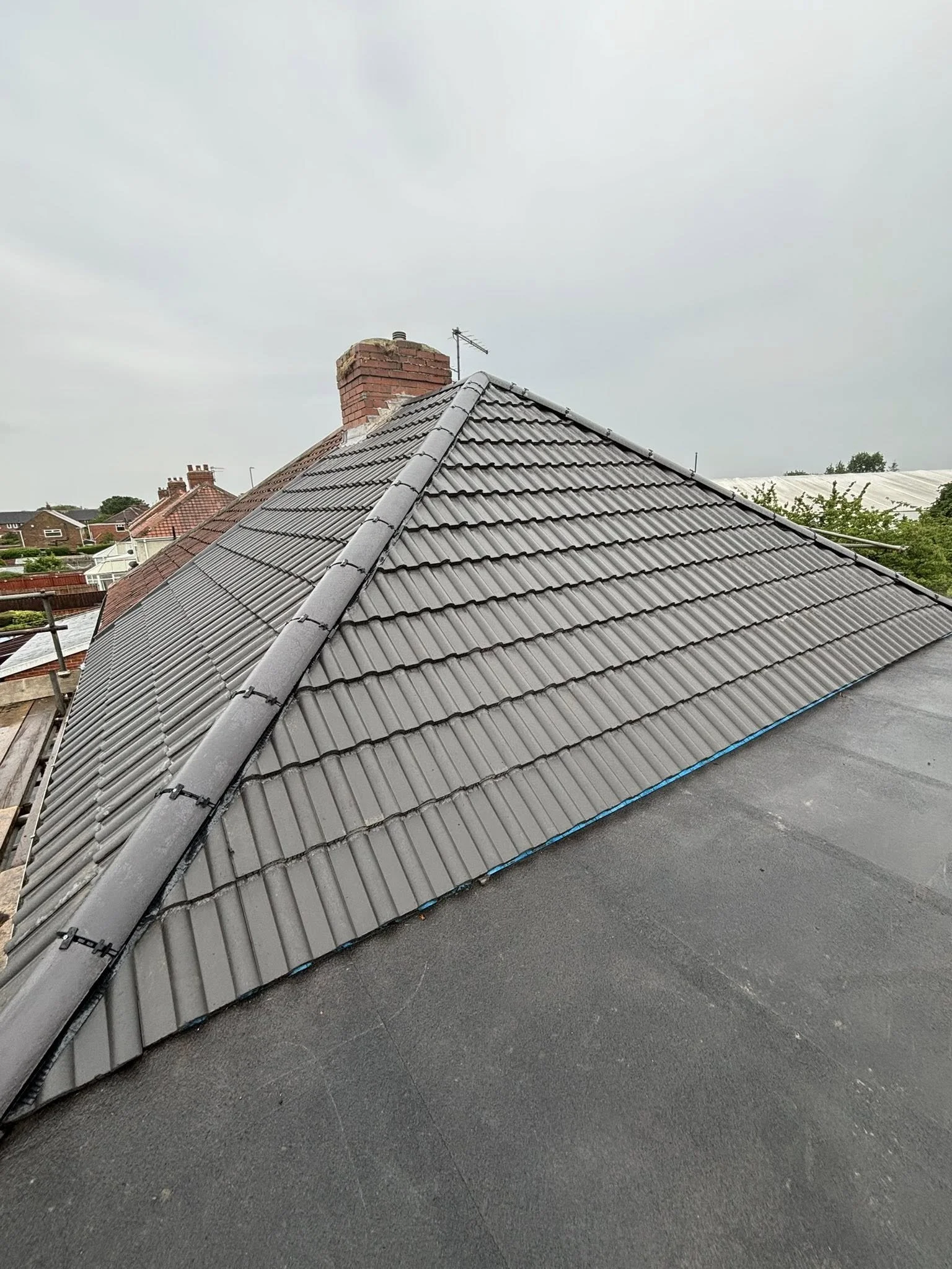 Close-up view of a sloped roof with dark gray tiles and a black gutter, under a cloudy sky with other rooftops and green trees in the background.