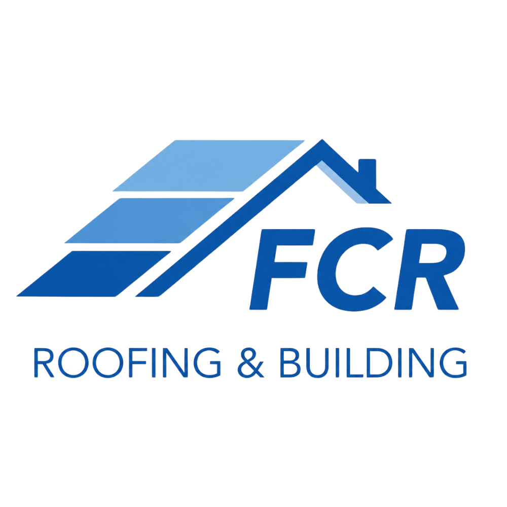 3D logo for FCR Roofing & Building with a stylized house roof and the company's name below.