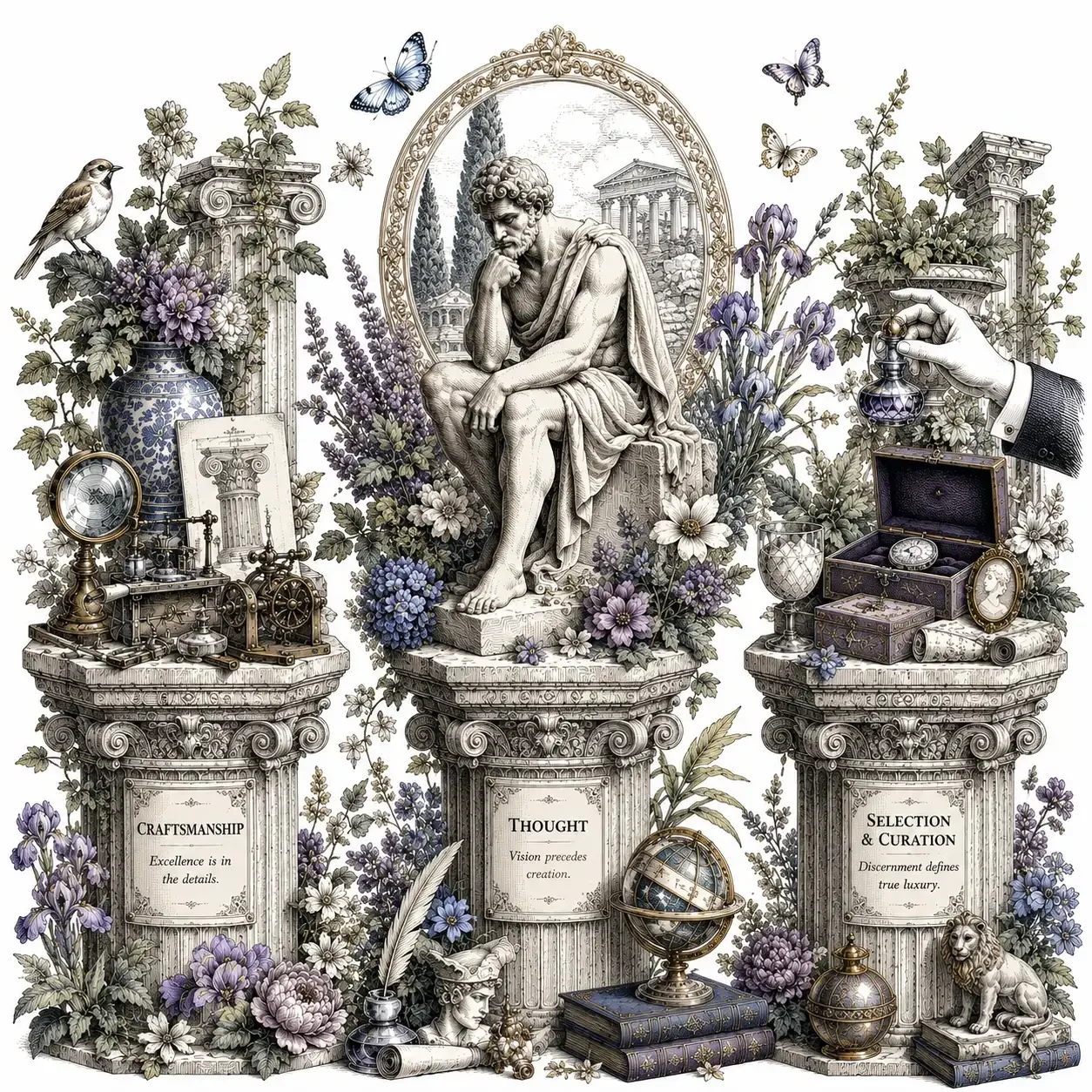 Classical statue of a thinker seated on a pedestal surrounded by flowers, butterflies, and vintage scientific and artistic objects, with three ornate columns labeled 'Craftsmanship,' 'Thought,' and 'Selection & Curation.'