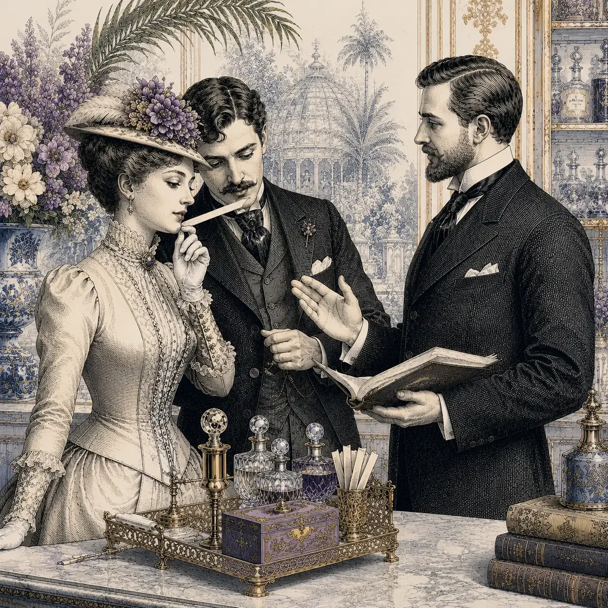 Illustration of three people in Victorian era attire engaging in a conversation in a luxurious room with floral arrangements, glass bottles, and antique books.
