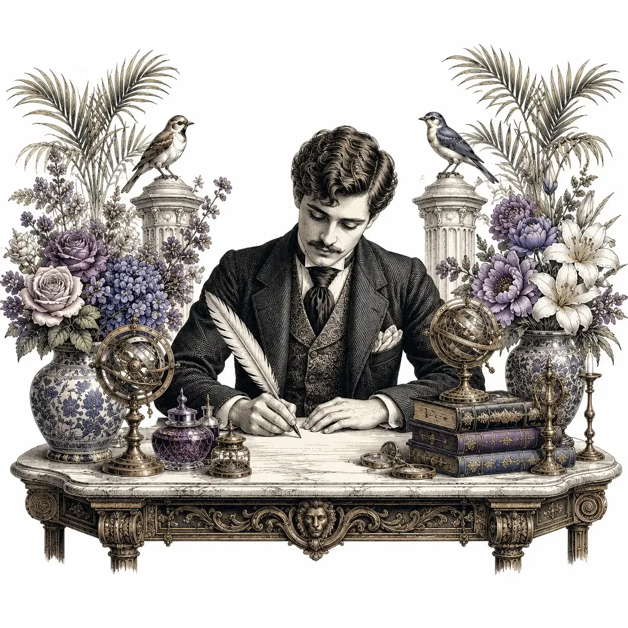 A vintage-style illustration of a man with a mustache and curly hair, sitting at an ornately carved desk filled with old books, globes, and decorative objects. The man is writing with a quill pen. Large vases with intricate patterns hold flowers and plants, and two small birds are perched on classical columns among the foliage.