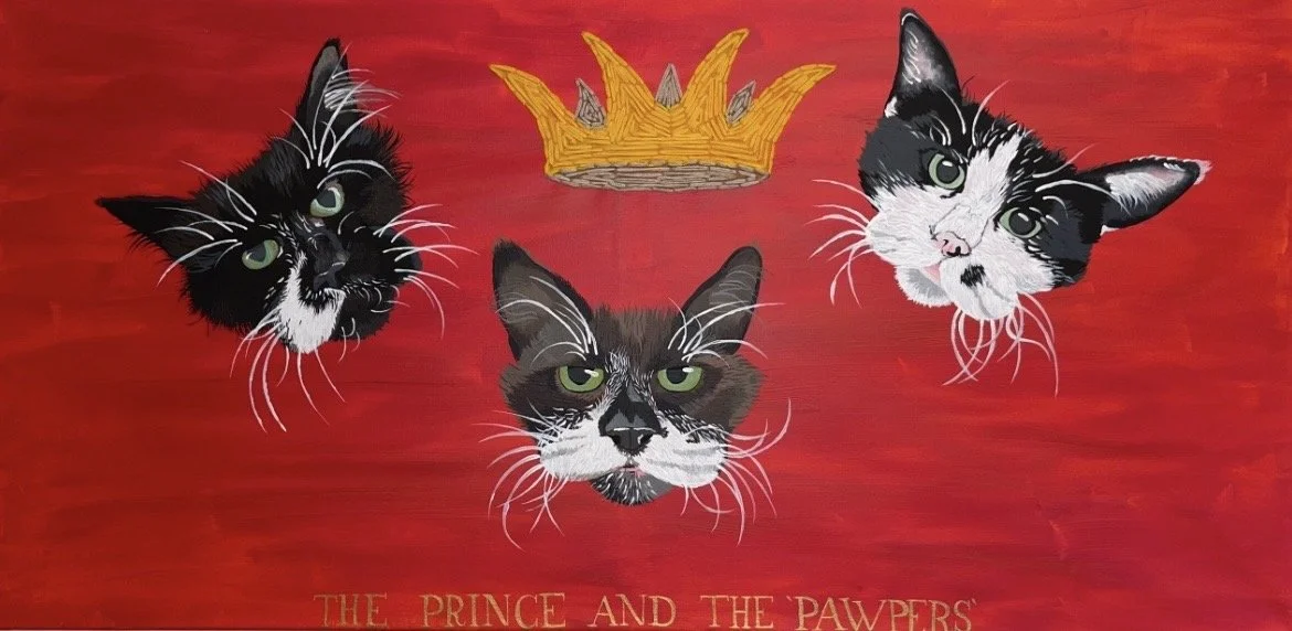 Jessica Braybrook, `the prince and the pawpers`, March 2025, 100cm x 45cm, acrylic on canvas, embroidered with wool 