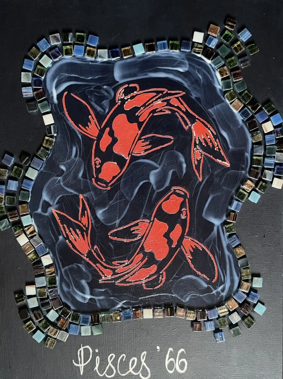 Jessica Braybrook, `Pisces `66`, March 2026, 40cm x 25cm, acrylic and tile on canvas board 