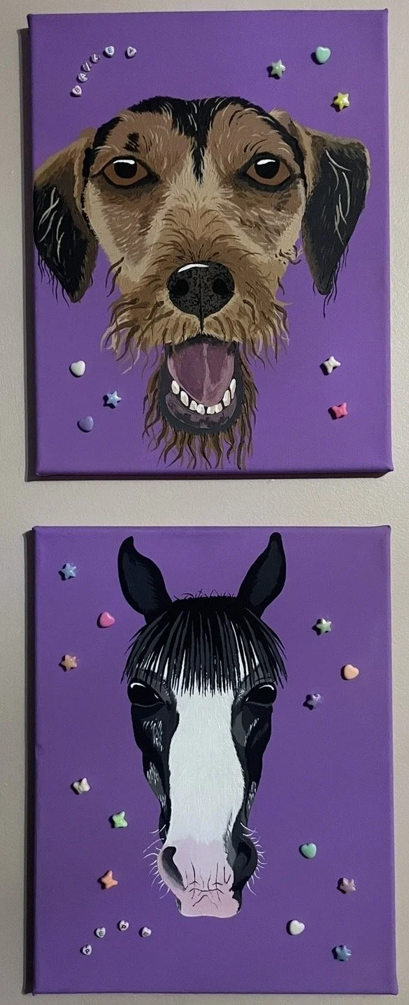 Jessica Braybrook, `Bailey & Pepe`, Dec 2025, 2 x 30cm x 20cm, acrylic and beads on canvas