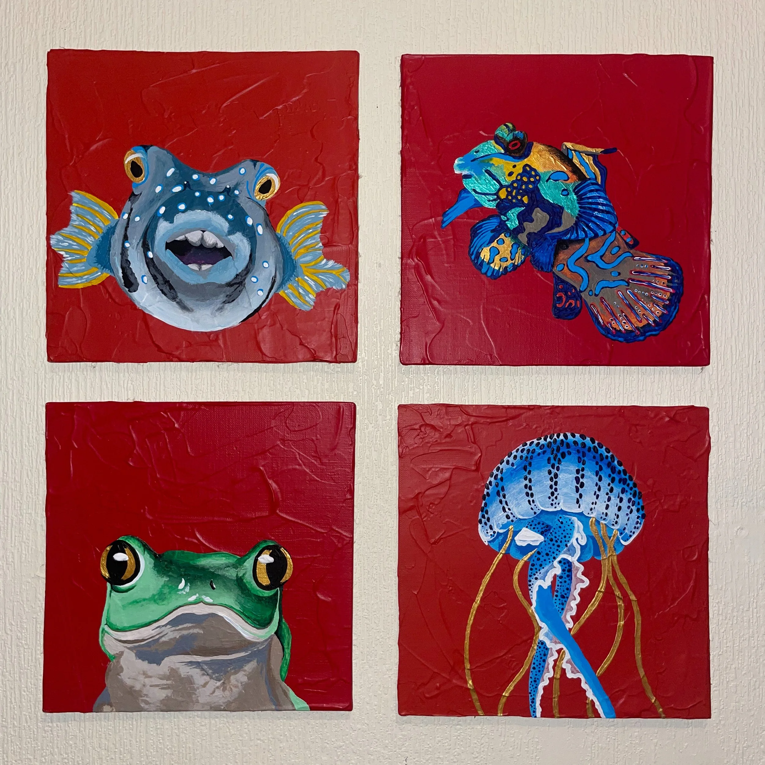 Jessica Braybrook, `orange and red under the sea?`, July 2025, 4 x 15cm x 15cm, acrylic on canvas