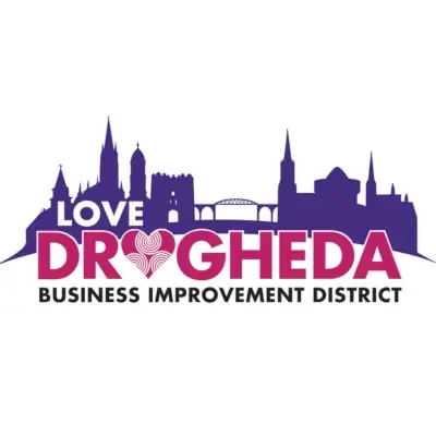 Silhouette of a city skyline with the words "Love Drogheda Business Improvement District" underneath. Partnering with Escape Rooms Drogheda