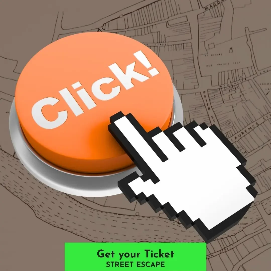 A large orange button with the word 'CLICK!' and a pixelated hand cursor pointing to it. Below, a green label says 'Get your Ticket STREET ESCAPE'. The background appears to be a map or floor plan.