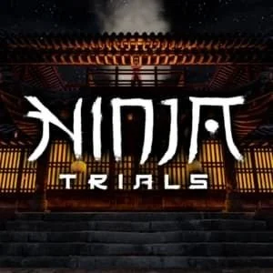 Logo for Ninja Trials with stylized text and traditional Japanese gate background.  VR escape game a Escape Rooms Drogheda.