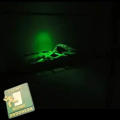 A green laser beam on a black surface with a cat toy and a sticker that says 'Escape Rooms Drogheda' at the bottom left.