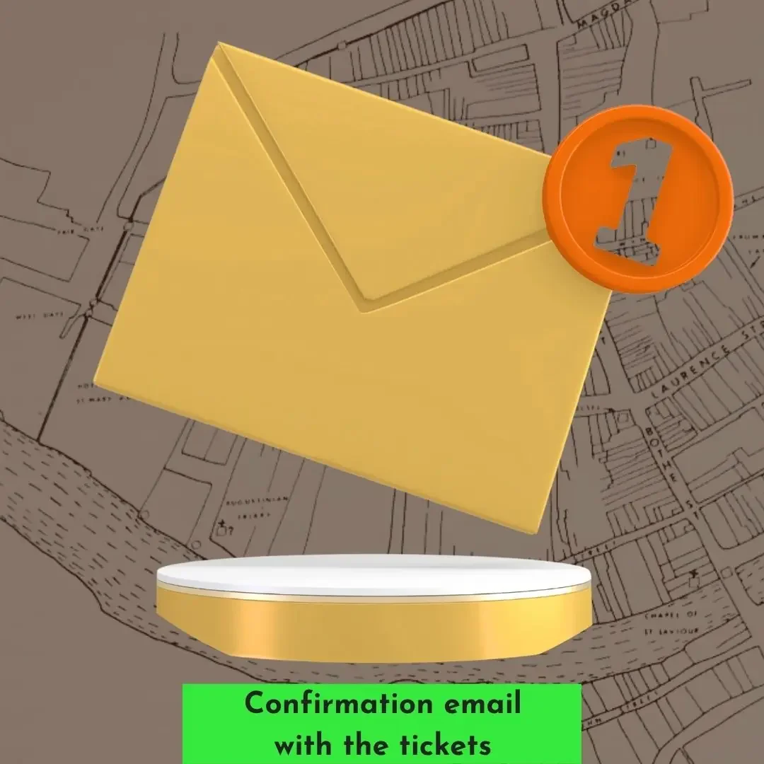 A gold envelope with an orange coin featuring a silver check mark, set against a illustrated map background. Green text below reads "Confirmation email with the tickets."