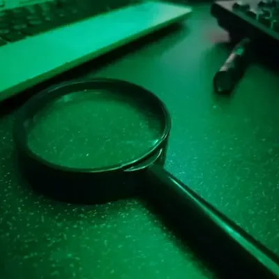 A magnifying glass resting on a green surface with a keyboard and a screwdriver in the background. Escape Rooms rogheda