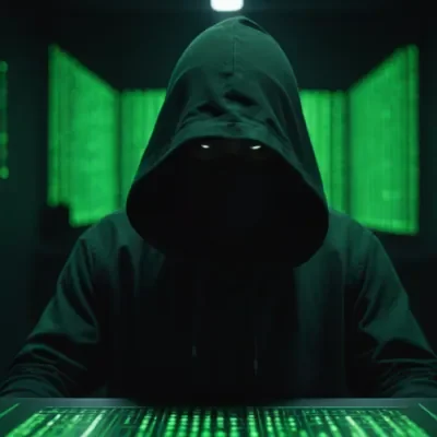 Person in a dark hoodie working on a computer with green code and background. Escape Rooms Drogheda